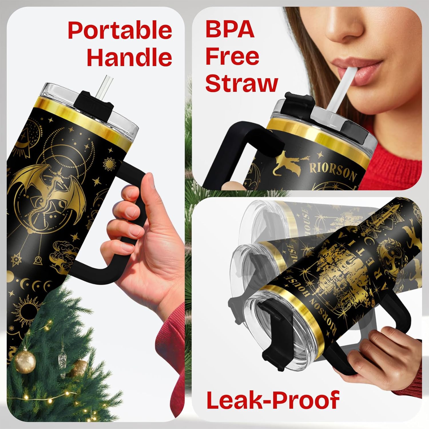 34HD Fantasy Castle Dragon Tumbler 40oz Stainless Steel Insulated with Handle Straw - Engraved Magical Book Lover Gift, Birthday Bookworm Present to Women & Young Adults - Bookish Items - Image 6