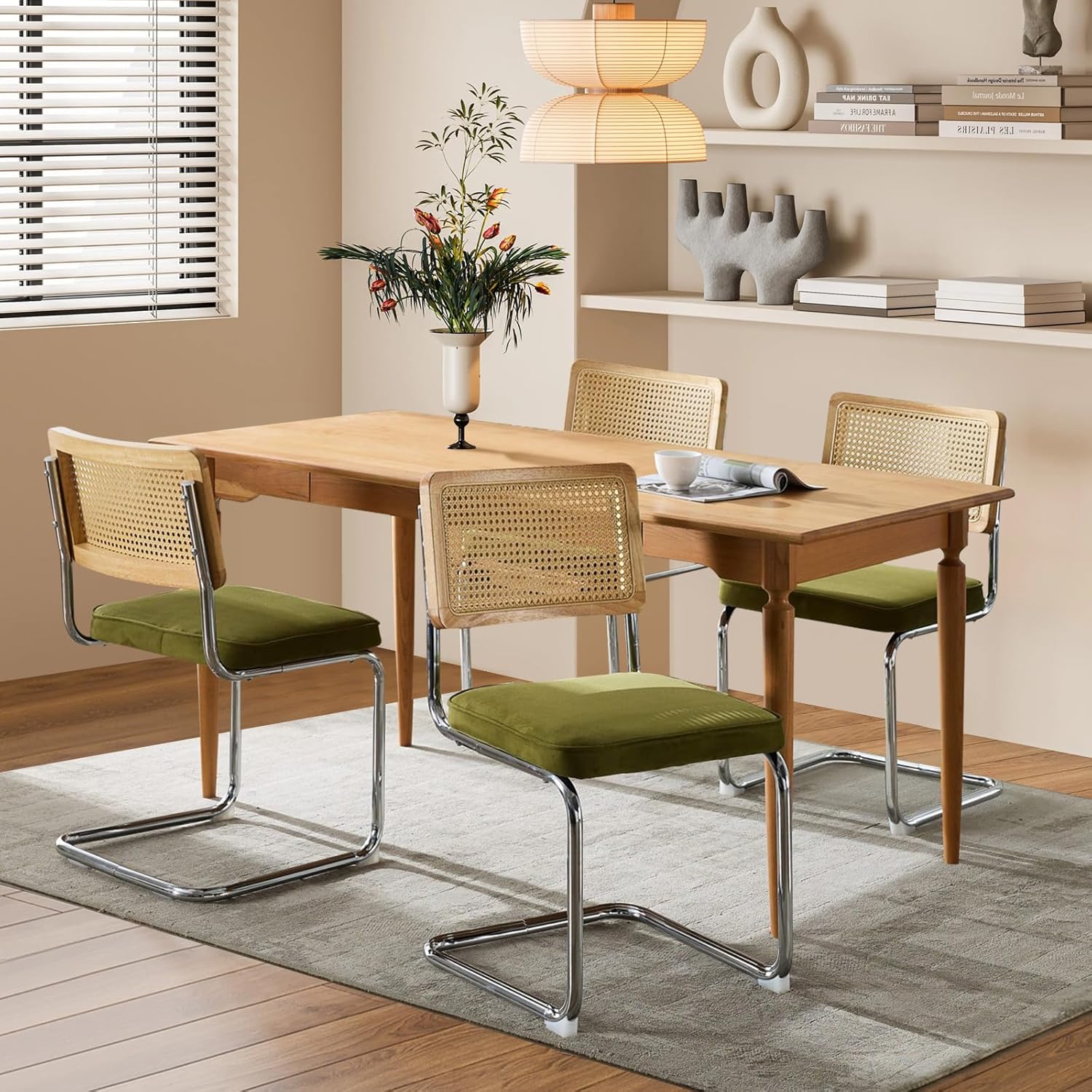 SoarFlash Velvet Dining Chair Set of 4 Modern Upholstered Kitchen Chair with Natural Cane Back, Stainless Chrome Base for Dining Room, Club(Green)
