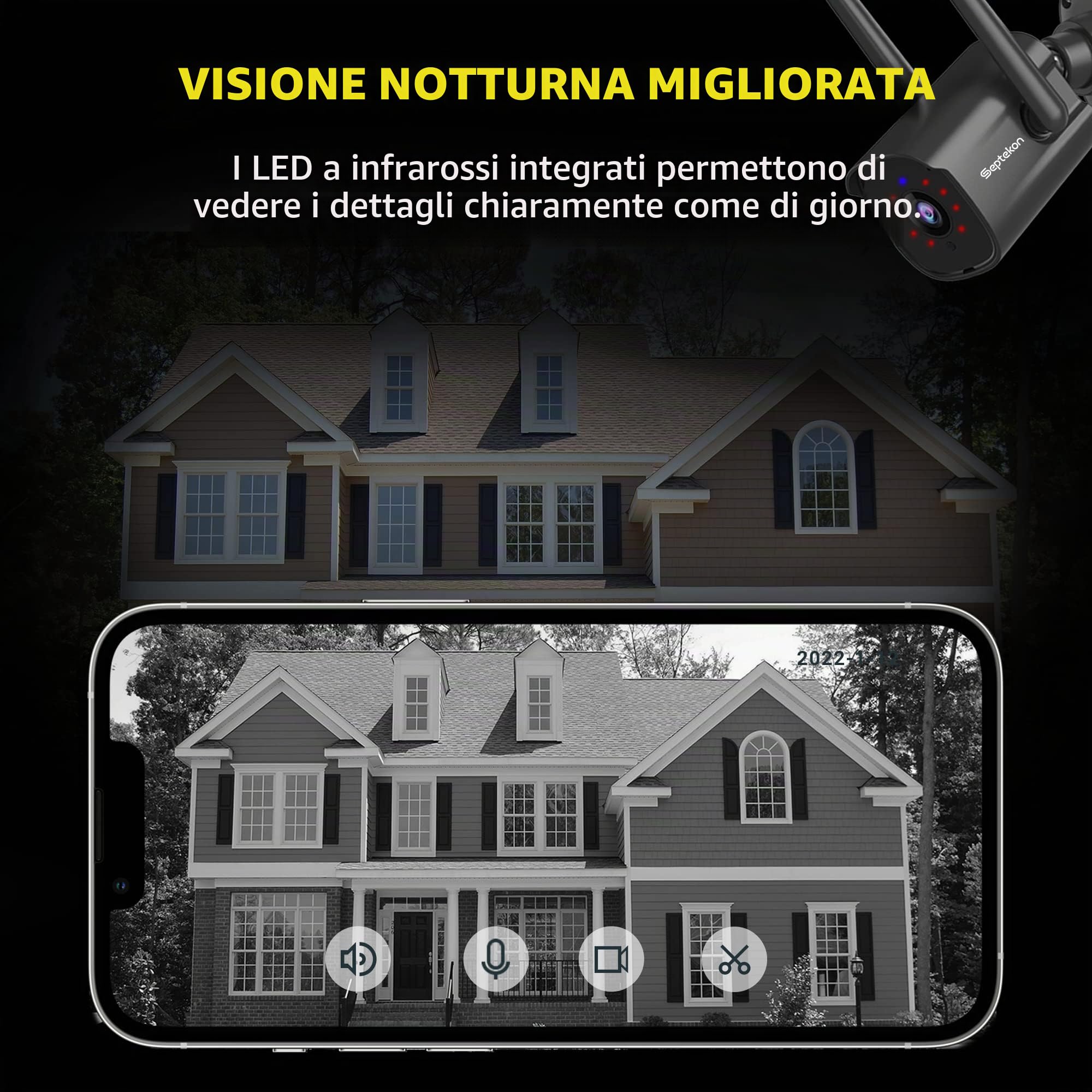 Septekon Telecamera di sicurezza esterna, 1080P doppia antenna WiFi telecamera di sorveglianza domestica con IP66 impermeabile, visione notturna, rilevamento del movimento AI, audio a 2 vie, nero,P30