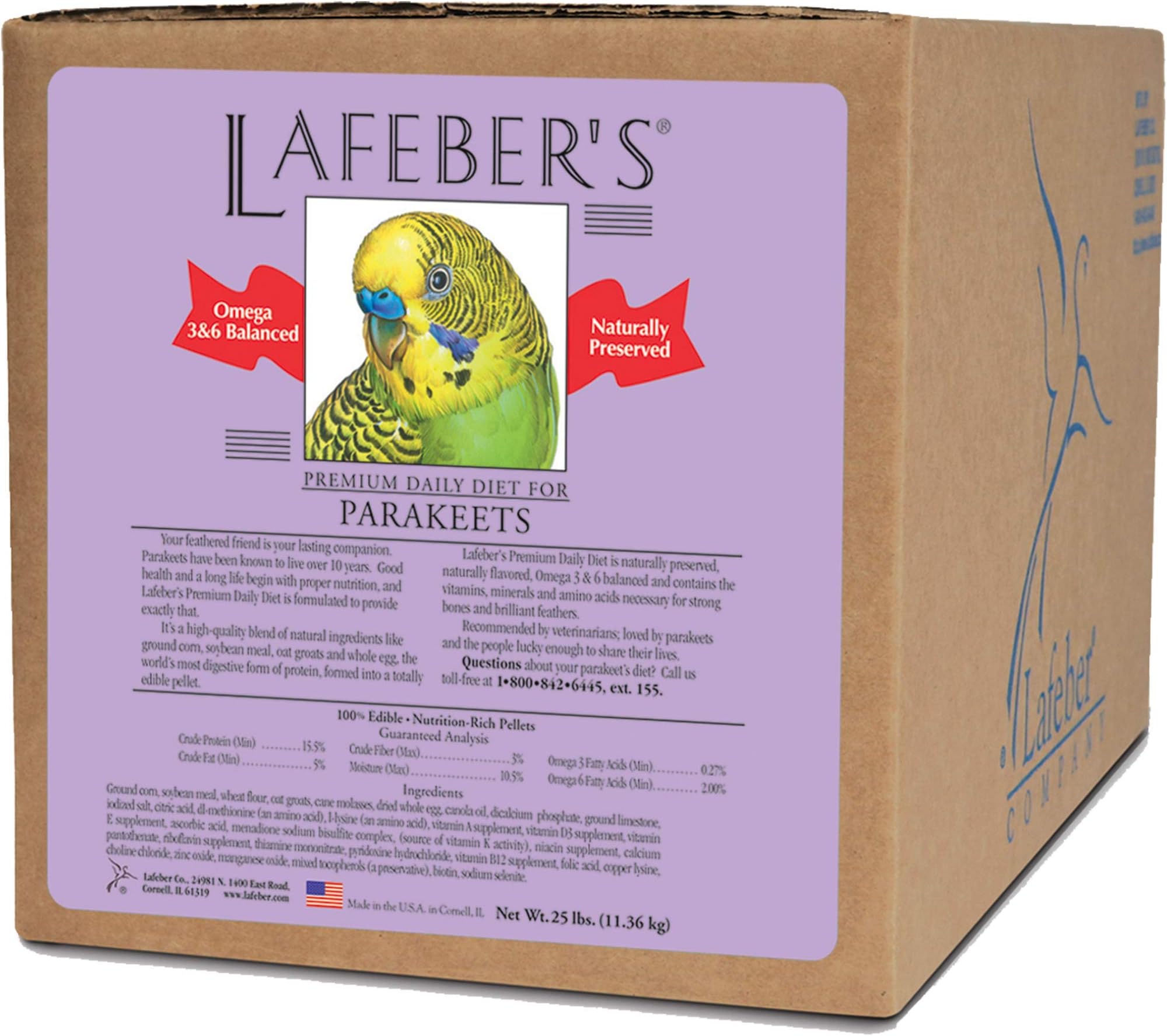 LAFEBER'S Premium Daily Diet Pellets Pet Bird Food, Made with Non-GMO and Human-Grade Ingredients, for Parakeets (Budgies), 25 lb