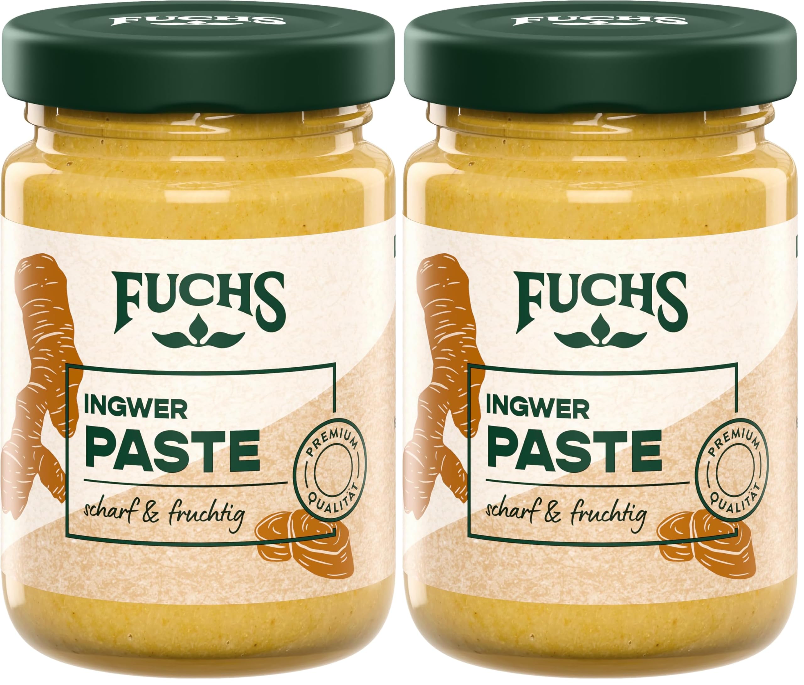 Fuchs Gewürze - Ingwerpaste | Scharf-fruchtige Würzpaste mit natürlichen Zutaten, mit 79% Ingwer | Ideal zu Curry-Gerichten | 100 g in wiederverschließbarem Glas (Packung mit 2)