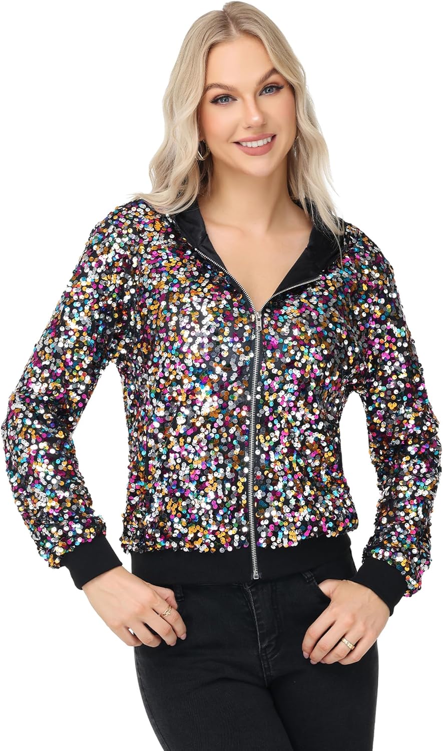Anna-Kaci Women's Sparkly Sequin Jacket Hooded Glitter Zip Up Bomber Jacket Coat Concert Party Clubwear - Image 2
