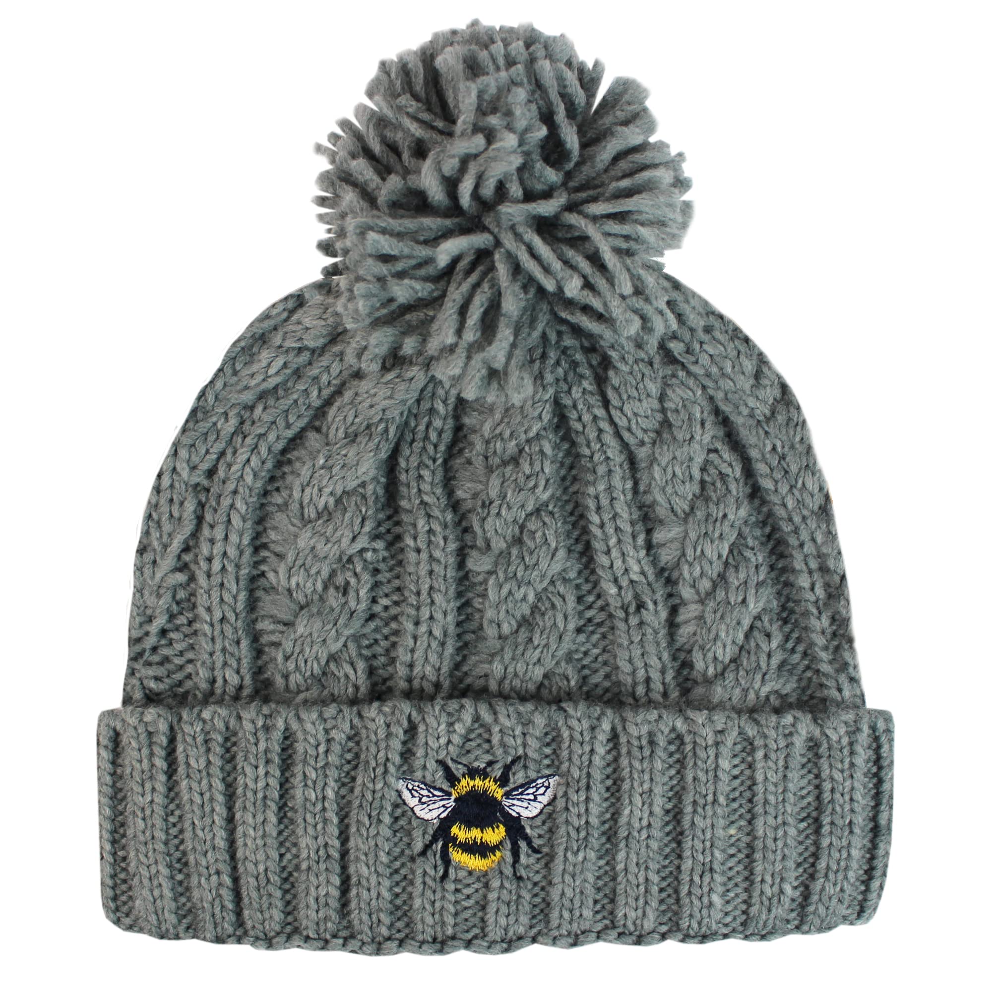 TeddyTs Adult Grey Bumble Bee Chunky Cable Knit Thermal Bobble Hat, Cream, L