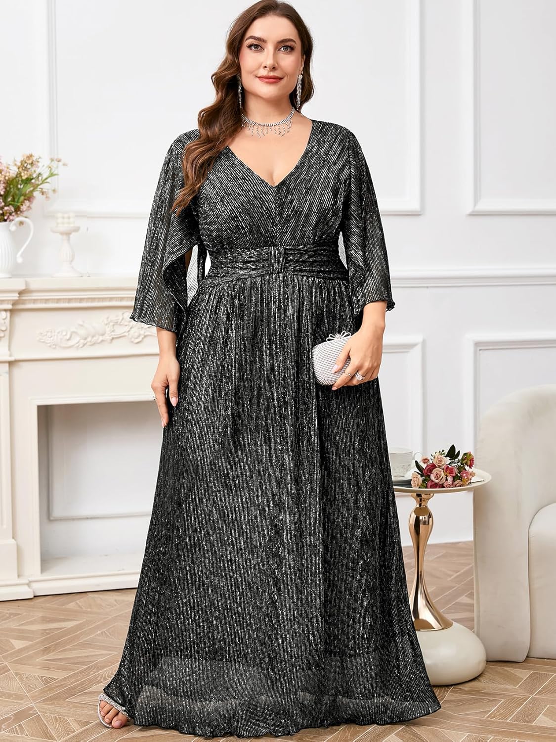 Plus Size Formal Dress Maxi Sparkly V Neck A-line Handkerchief Sleeve Evening Gown Wedding Guest Cocktail Gala - Image 3