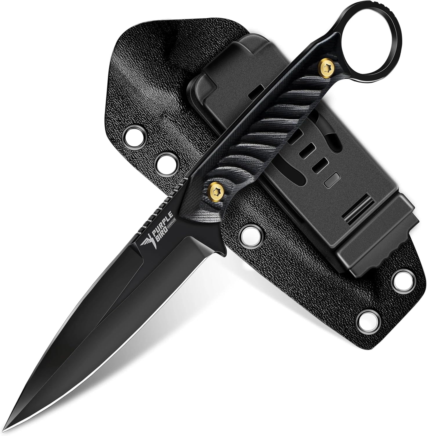 PURPLEBIRD EDC Fixed Blade Knife with Kydex Sheath - Full Tang Hunting Knife for Men with TiN-Coated 440C Blade & G10 Handle, Black Camping Knives for Survival Bushcraft, Christmas Gift for Men