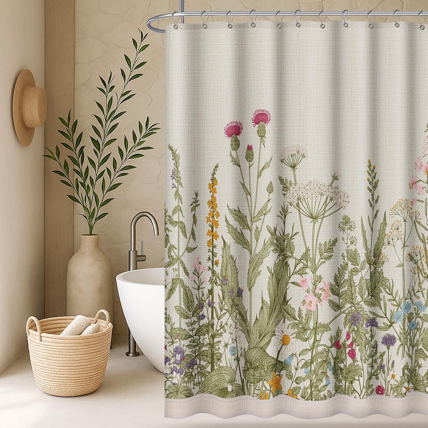 Emvency Boho Farmhouse Floral Herbs Flower Tassel Shower Curtain Set, Botanical Colorful Vintage Linen Fabric Cloth Shower Curtains for Bathroom Decor 72 x 72 Inches with Upgraded Metal Hooks