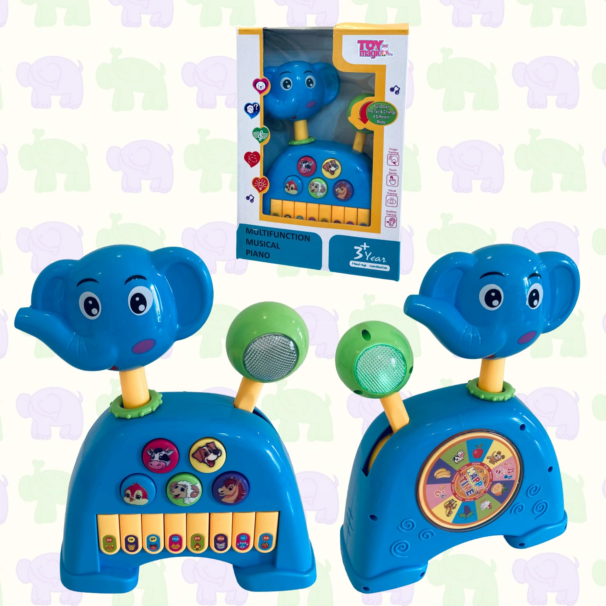 ToyMagic Animal Piano Elephant with Moving Tail & Wheels | Interactive Musical Toy for Toddlers | 13 Keys with Lights & Sound | Motion Activated Elephant Toy for Early Learning | Safe & Fun