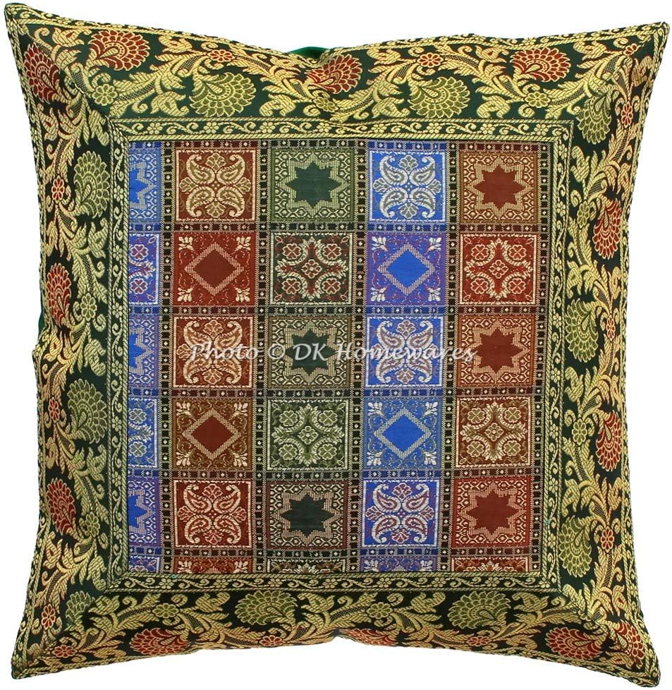 Ethnic Decorative Accent Throw Pillow Covers 16 Inch Brocade Jacquard Floral Boho Square Sofa Cushion Covers (Size - 40x40 cm ; Color: Dark Green & Gold) - Set of 5 Pcs (Cover Only)