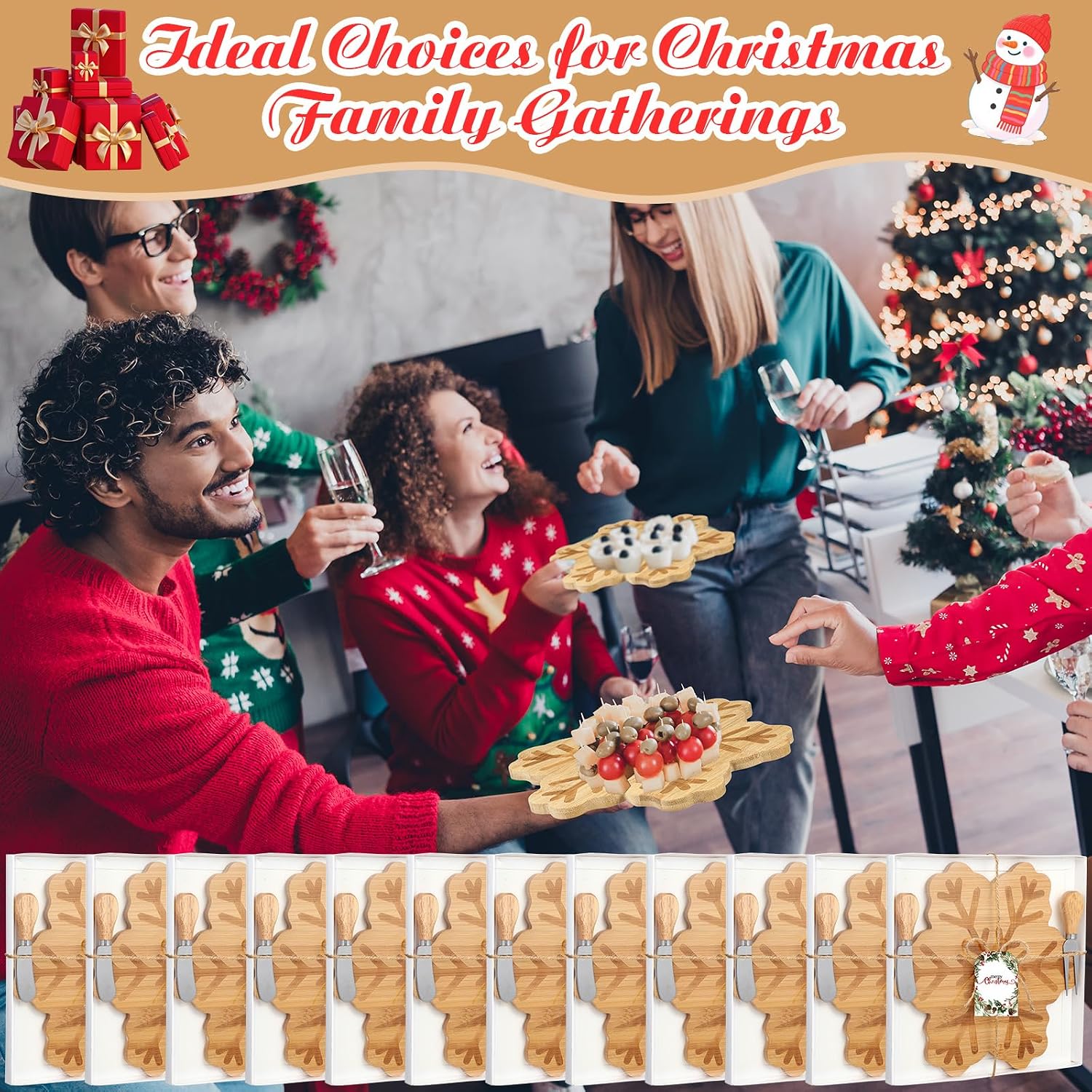 Roshtia 12 Set Christmas Charcuterie Board Gift Bulk Christmas Cutting Boards with Cheese Knives Forks Bamboo Cutting Board for Kitchen Xmas Party Bridal Shower Favor Supplies(Snowflakes)