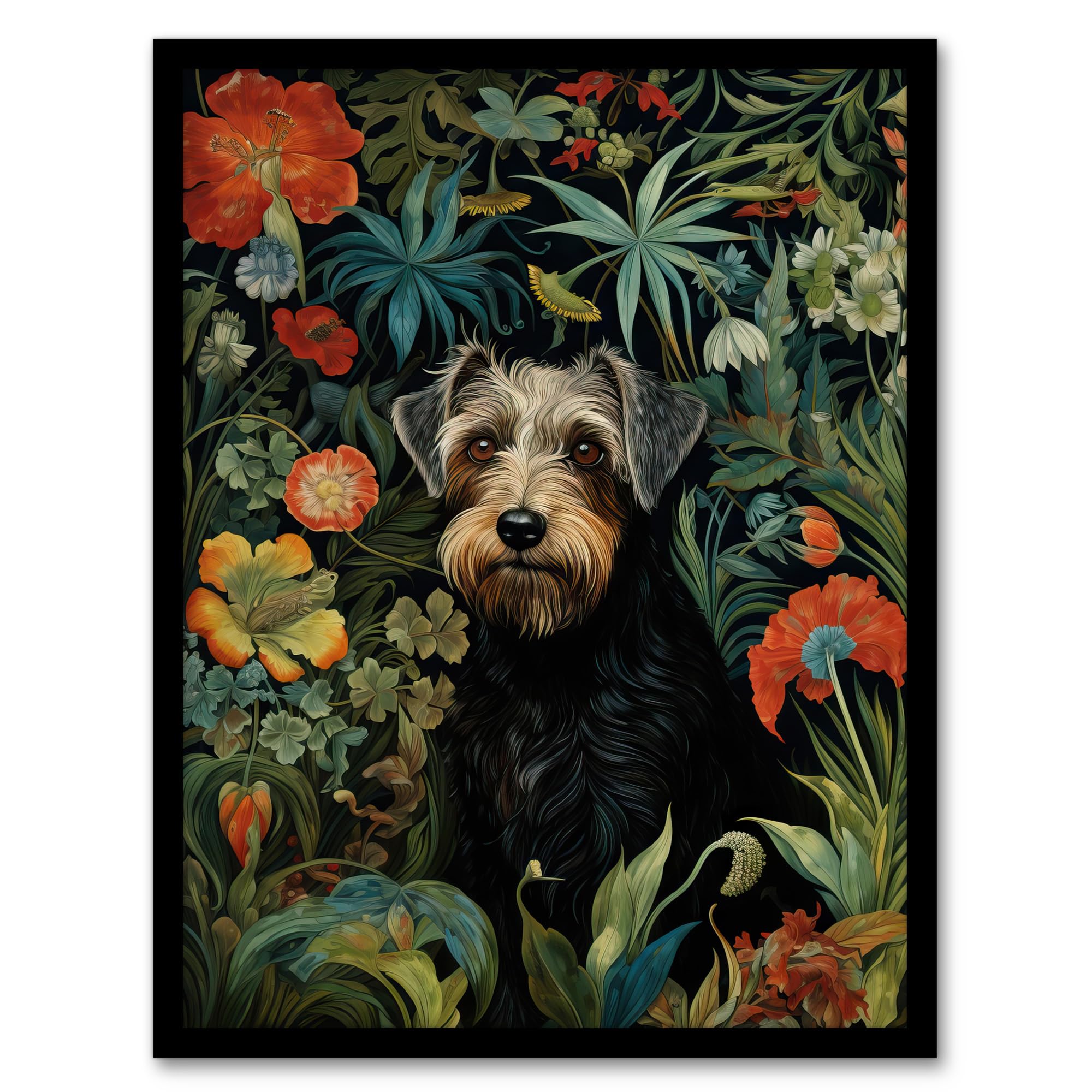 Artery8 Border Terrier Dog On Elegant Wildflower Floral Backdrop William Morris Style Pattern Artwork Framed Wall Art Print 18X24 Inch