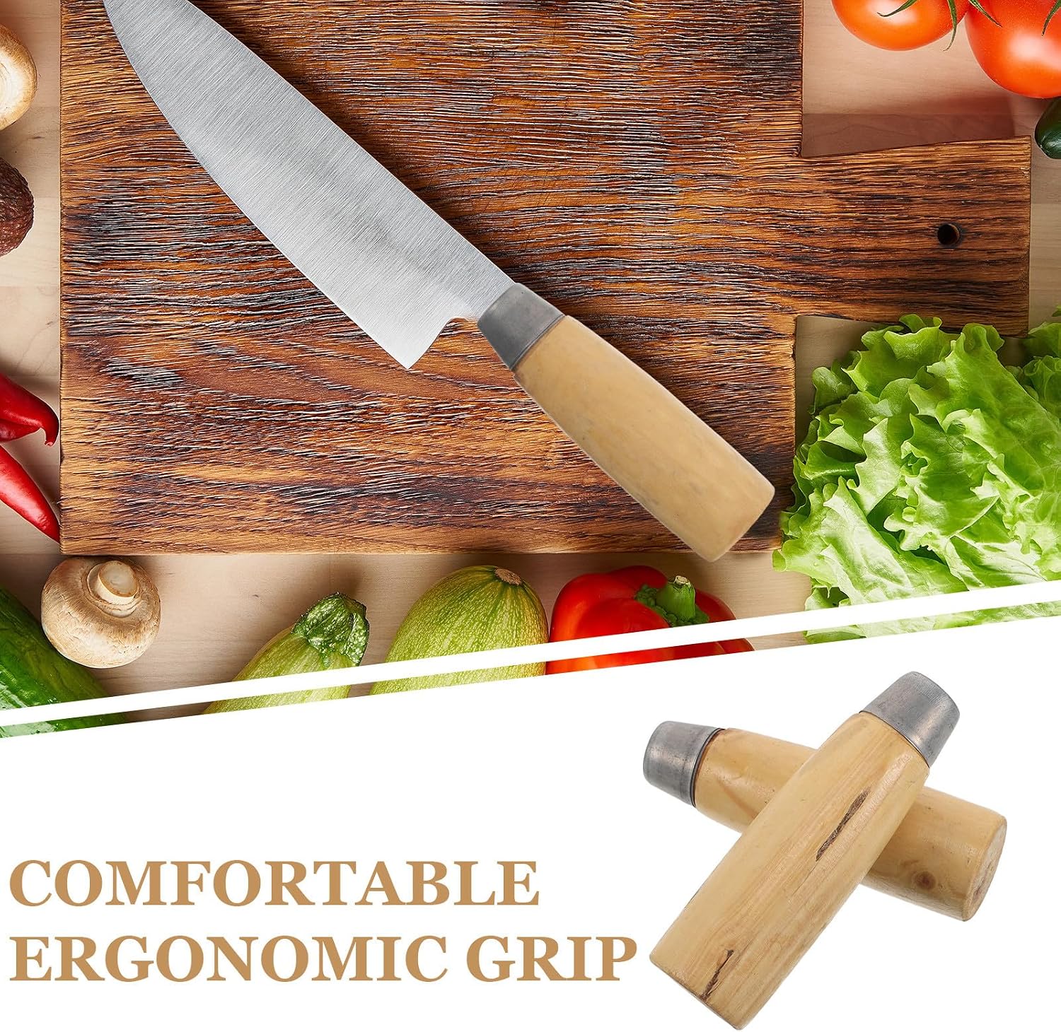 Wood Knife Handle Replacement with Metal Collar 2pcs for Chef Knives