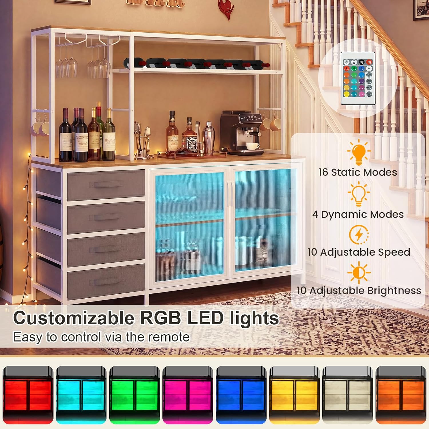 Giantex Tall Wine Bar Cabinet with LED Lights, Wine Rack, 4 Drawers, 3-Tier Shelves, 4 Hooks, Freestanding Bakers Rack for Microwave & Liquor, Large Buffet Cabinet with Hutch for Kitchen (White+Oak)