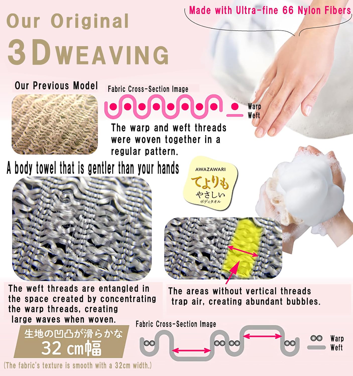 Ultra Soft Nylon Bath Wash Cloth Towel Shower Towel Perfect for Dry Skin - Made in Japan with a soap foaming net satinsnow