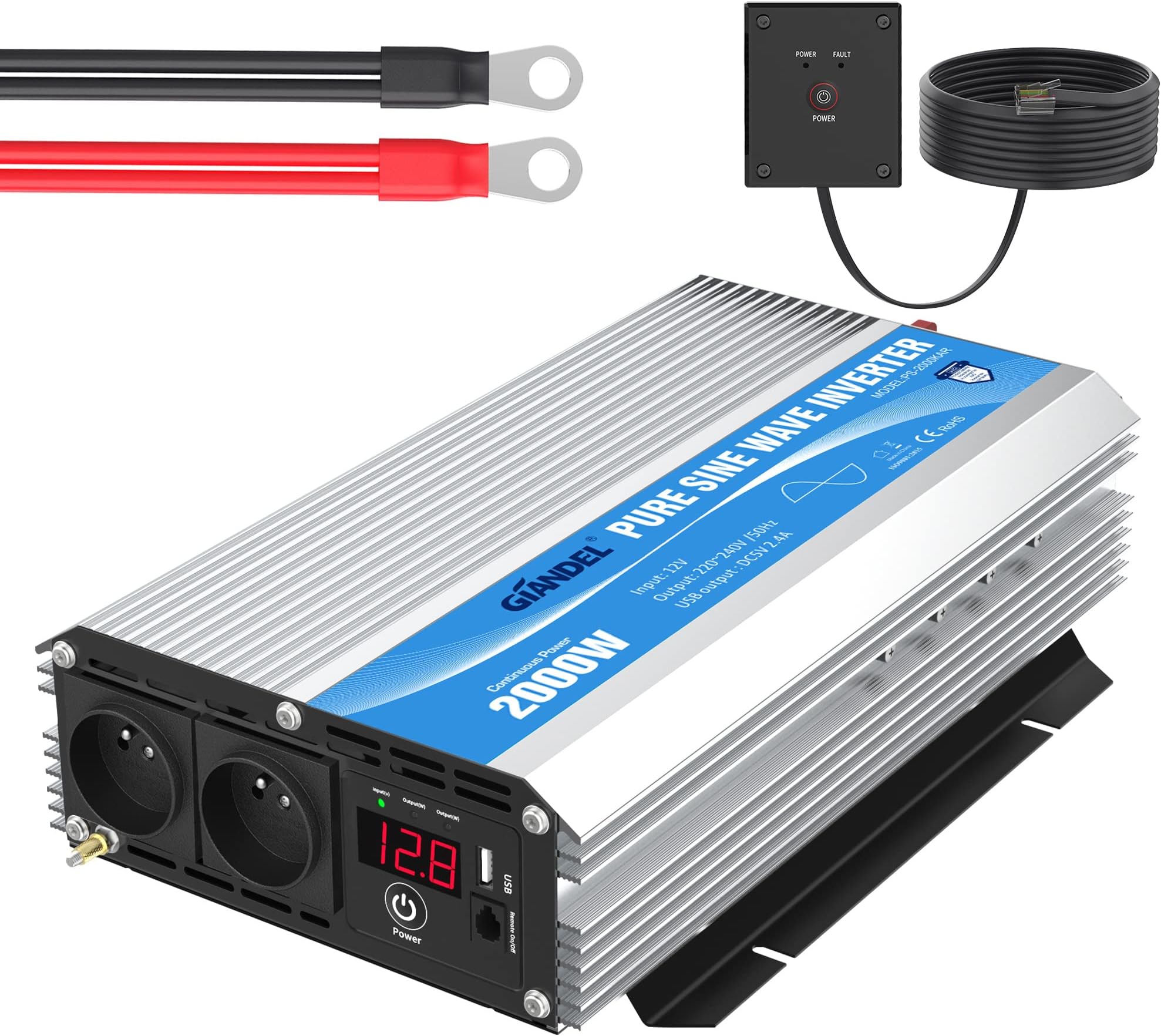 Onduleur 2000W Sinus Pur 12V/230V - Convertisseur Avec écran LCD, 2 Prises EU, 3 USB - Pour Camping-car, Voiture, Secours - Protections Multiples