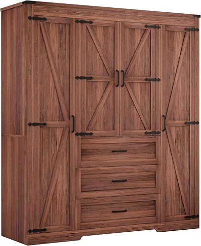 Miniatura 9 de Armario de 4 puertas con 3 cajones y cajones, armario de dormitorio de granja con barra para colgar y estantes ajustables, armario de almacenamiento