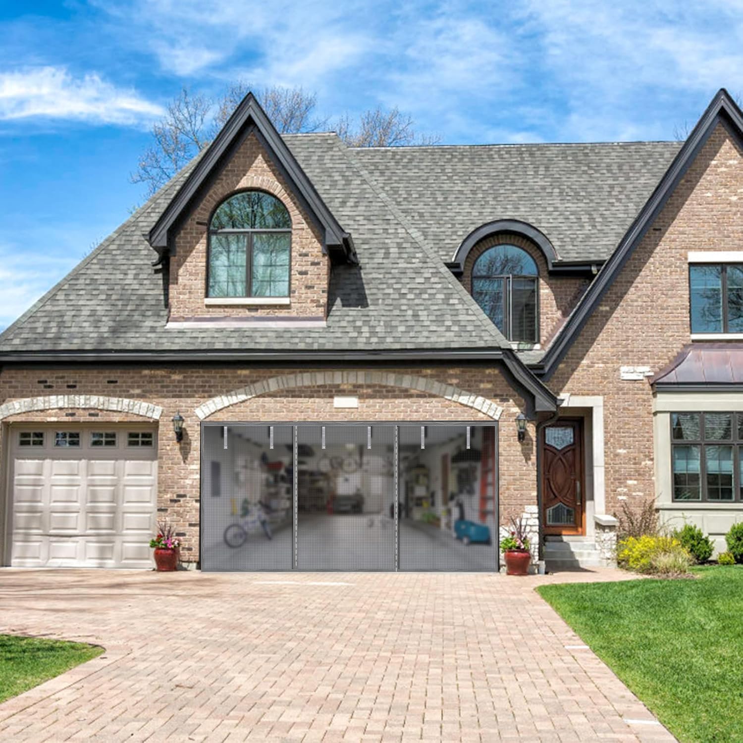 Garage Door Screen for 2 Car Garage, Sunmoxia 16x7Ft Magnetic Heavy Duty Garage Door Curtain with 6 Strapping Tapes - Durable Breathable Anti-Tear Mesh Patio Porch Privacy Curtain (Silver)