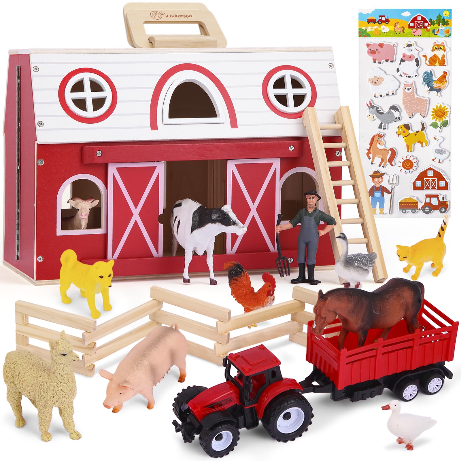 iLuckinSpri Wooden Barn Toy Set with Farm Animals, Portable Pretend Play Barn Playset for Toddlers 3+, Farm Animal Figures, Montessori STEM Educational Animal Playset for Kids Birthday