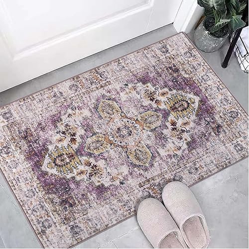Miniatura 7 de Alfombra bohemia de 2 x 3 pulgadas, lavable, color morado, antideslizante, para interiores, alfombra envejecida, para baño, sala de estar,