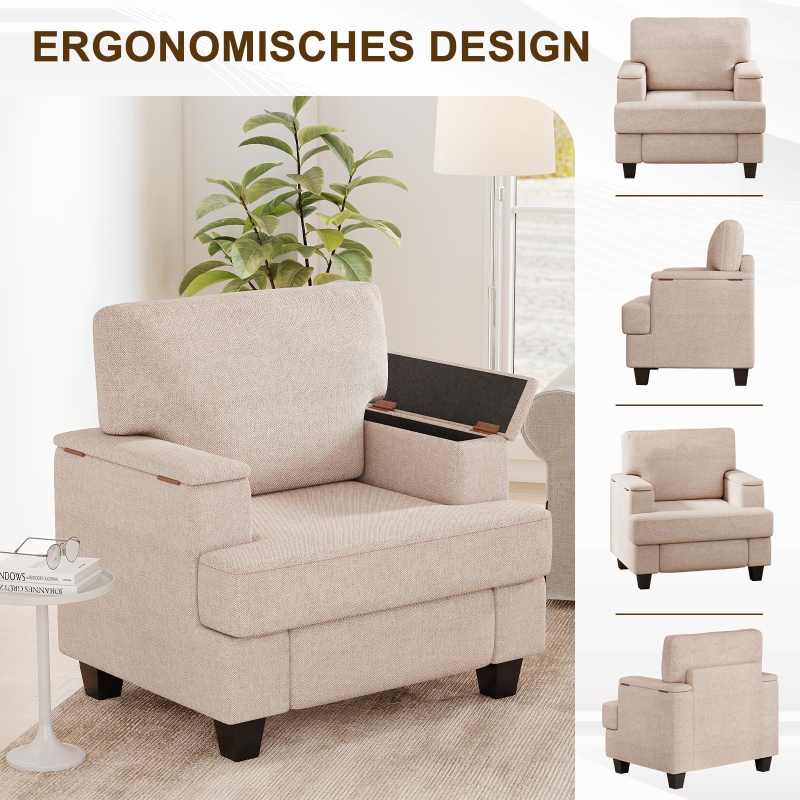 Extragroß Ohrensessel Sessel Wohnzimmer mit Stauraum, Fernsehsessel Relaxsessel mit Stauraum & Wurfkissen mit Armlehnen, Polstersessel Einzelsofa für Wohnzimmer Schlafzimmer, Beige