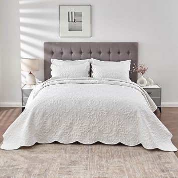 Kingnex Oversized King Bedspreads 128x120 Extra Wide Quilt for Tall King California King Bed Lightweight 3 Piece Quilted Coverlet Pillow Shams Set Pure White