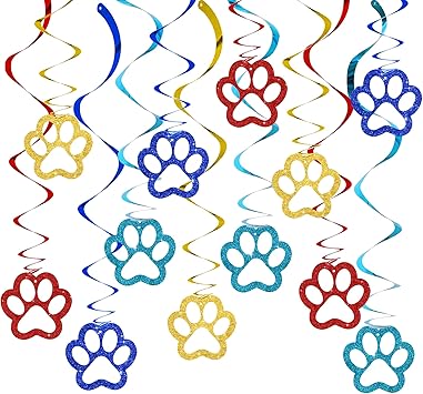 BEISHIDA 12 Pcs Pre-Strung Dog Hanging Swirl Decorations, Dog Birthday Themed Party Decoratios, Colorful Paw for Kids Boys Pet Birthday Party Baby Shower Supplies Decor