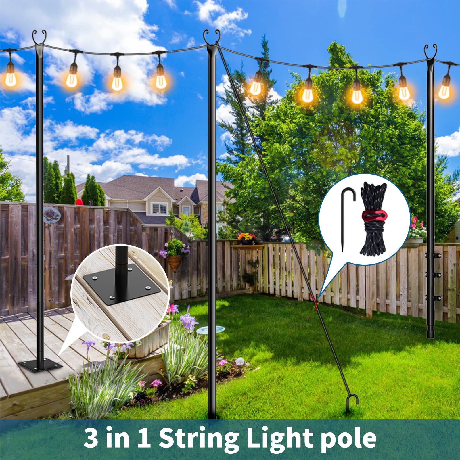IRMNAN String Light Poles for Deck, Fence and Lawn, 3 in 1 Light Poles, 9FT String Light Poles for Outside, Outdoor Light Poles for Garden, Patio, Gifts, Parties& Weddings, Beautiful Poles, 2Pack