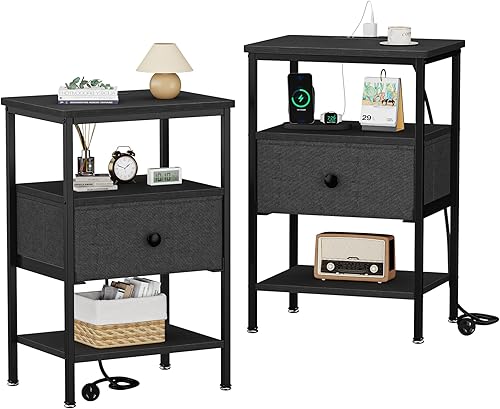 Miniatura 8 de VECELO Juego de 2 mesitas de noche, mesas auxiliares con estante de almacenamiento y cajón de tela, mesas auxiliares para dormitorio, sala de estar,