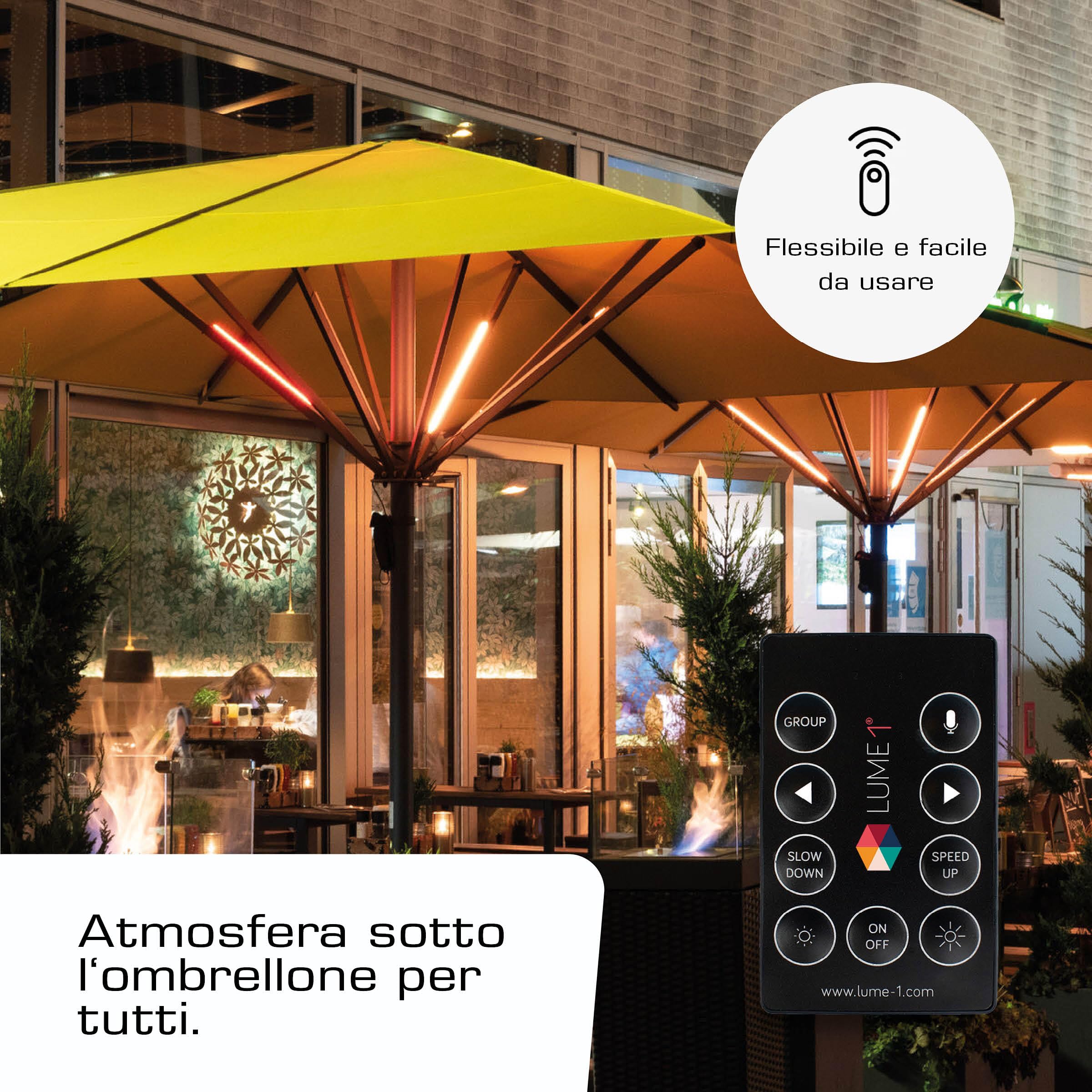 Lume1 - Illuminazione per ombrellone con telecomando, 2 strisce LED, luce bianca calda da 1000 lumen, 2700 Kelvin, illuminazione piacevole, batteria inclusa (Smart Set da 2 pezzi, modello 2026)
