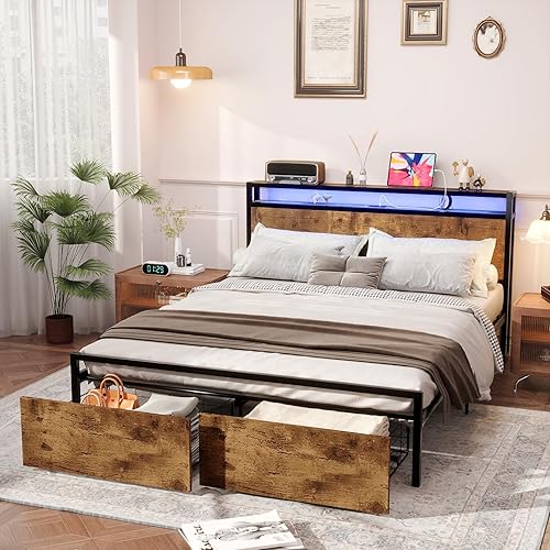 Miniatura 79 de Base de cama de tamaño matrimonial con cabecero, plataforma LED con 4 cajones de almacenamiento, estación de carga integrada, sin ruido, base de