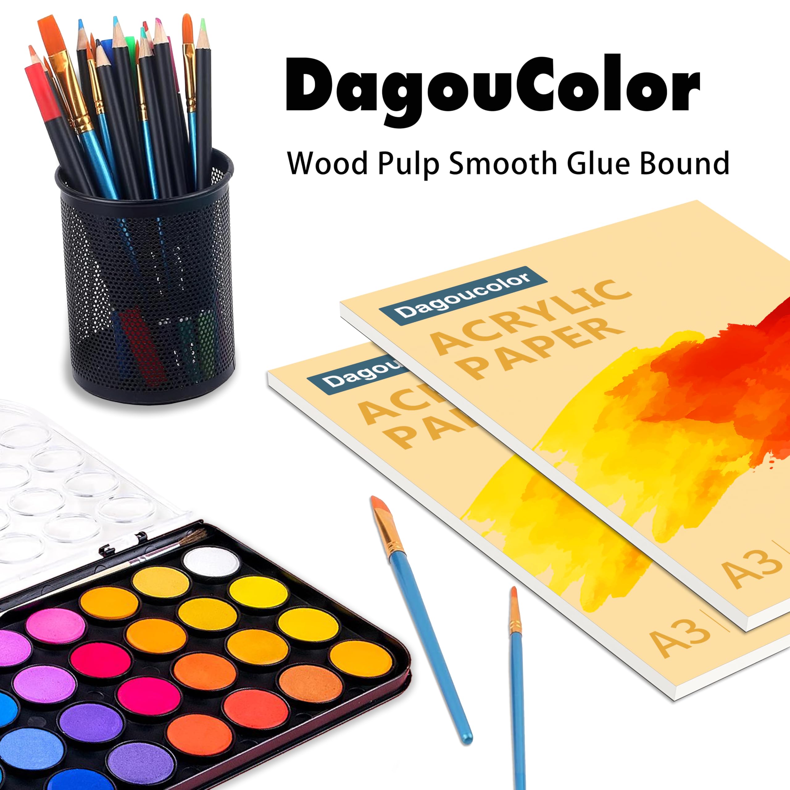 DagouColor Papier Akrylowy Malowania, 2 Pack, A3 Blok do Rysowania do Farby Akrylowej, 360 g/m² i Bez Kwasów, 15 Arkuszy Białego Papieru, Książka do Pracy Artystycznej Dla Artystów, Dorosłych