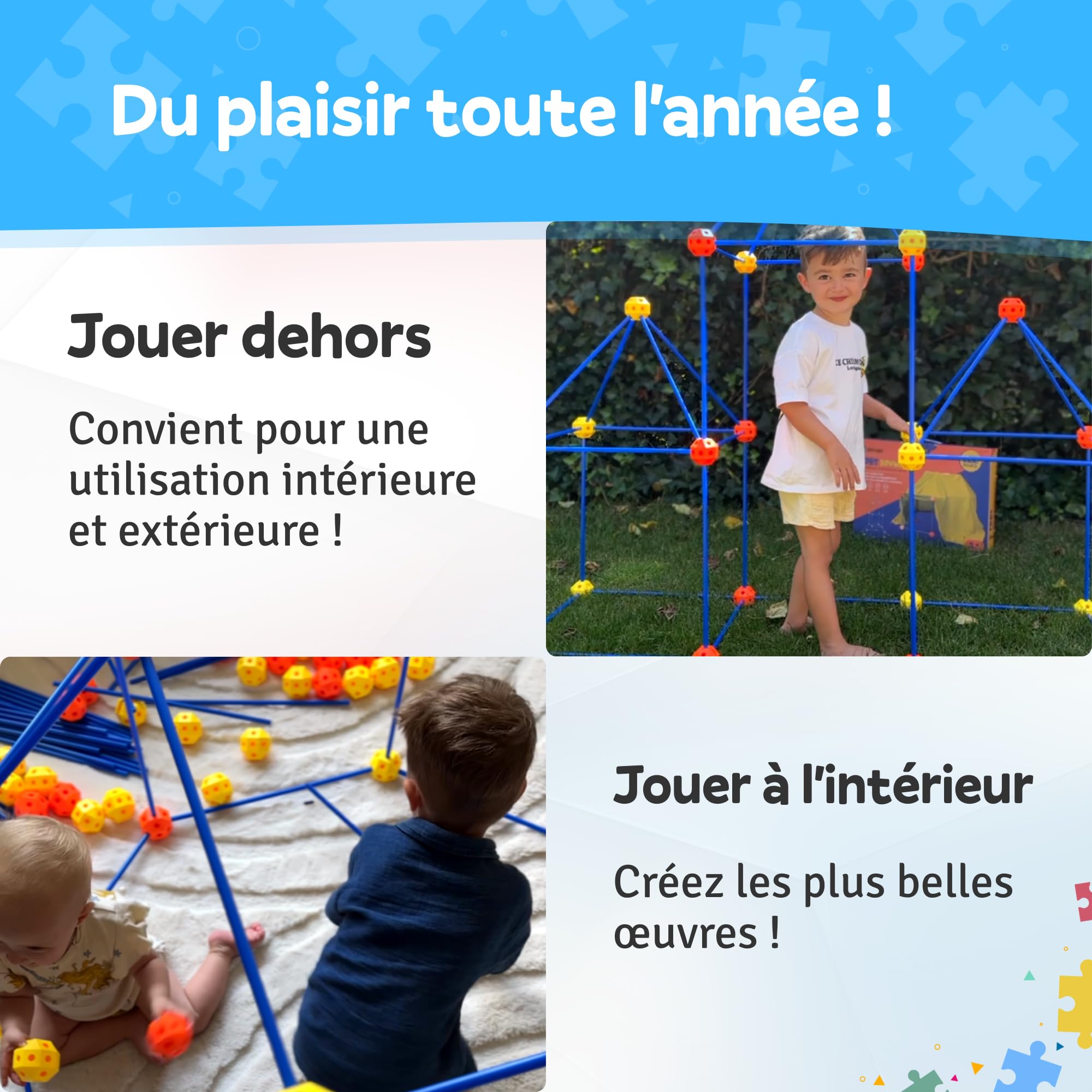 Kit de Construction Fort XL, 191 Pièces, INCL. Sac de Rangement & E-Book, Cabane et Tente de Jeu Enfant, Jouet Créatif STEM, Jeu de Construction Intérieur/Extérieur, Construire Une Cabane