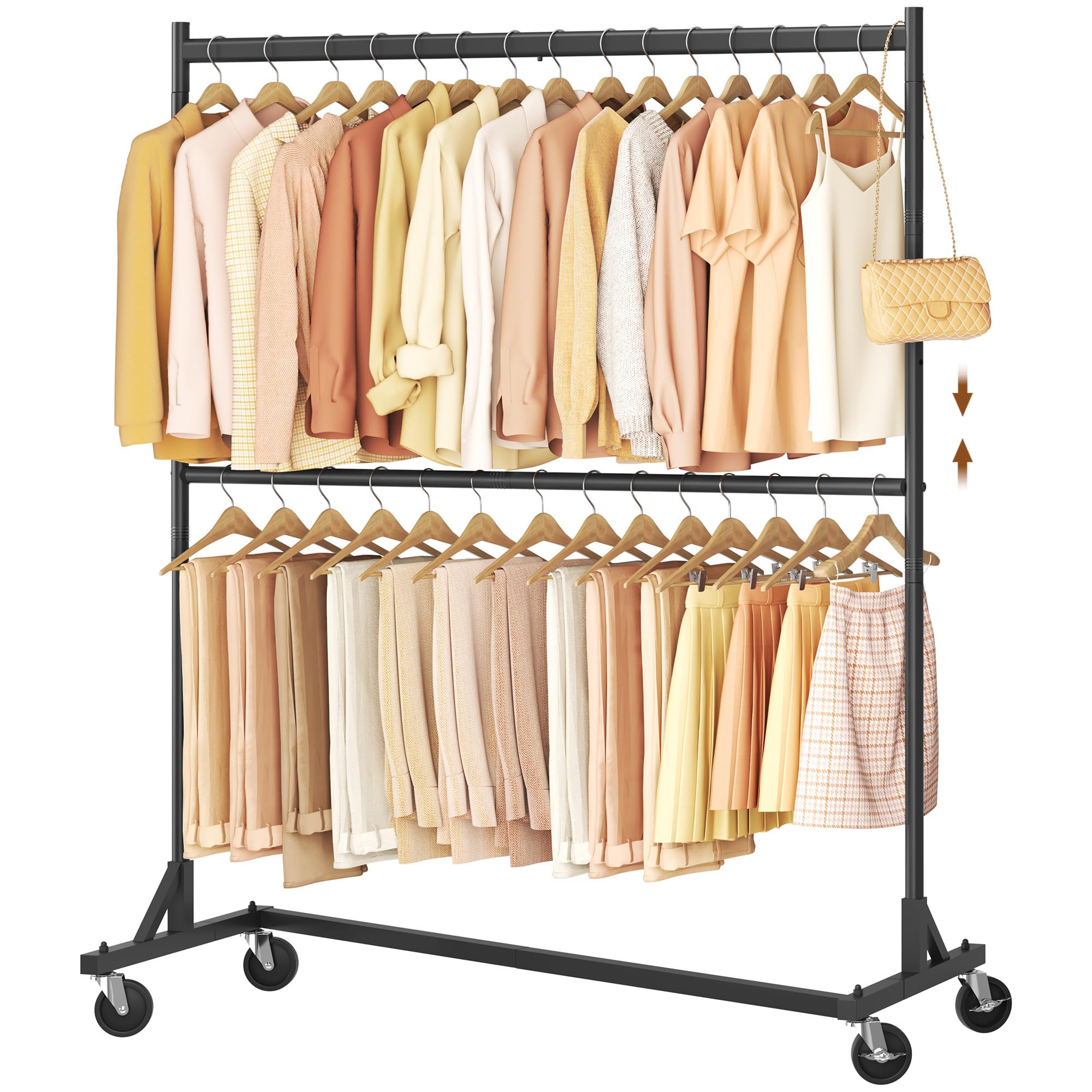 Hoctieon Double Rod Z Rack, Rolling Clothes Racks with Z-Base, Adjustable Clothing Rack, Standing Clothes Rack, Metal Clothing Racks for Hanging Clothes, Portable Garment Rack, Black