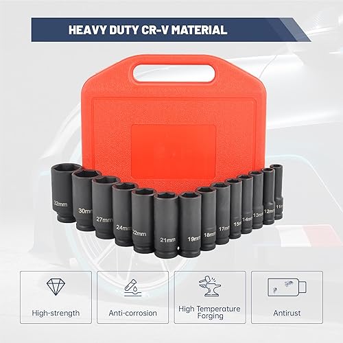 Miniatura 3 de Juego de dados de impacto profundo de 6 puntos de 12 pulgadas, juego de llaves de impacto de 14 piezas, juego de llaves de impacto estándar