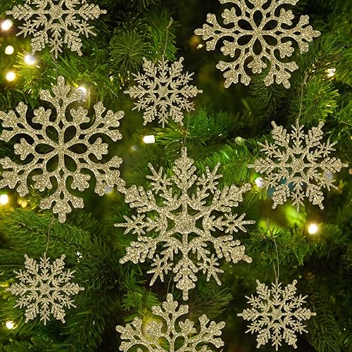 Miniatura 27 de 36 adornos de copos de nieve plateados iridiscentes de Navidad, copos de nieve colgantes de plástico con purpurina para decoración de árbol de Láser