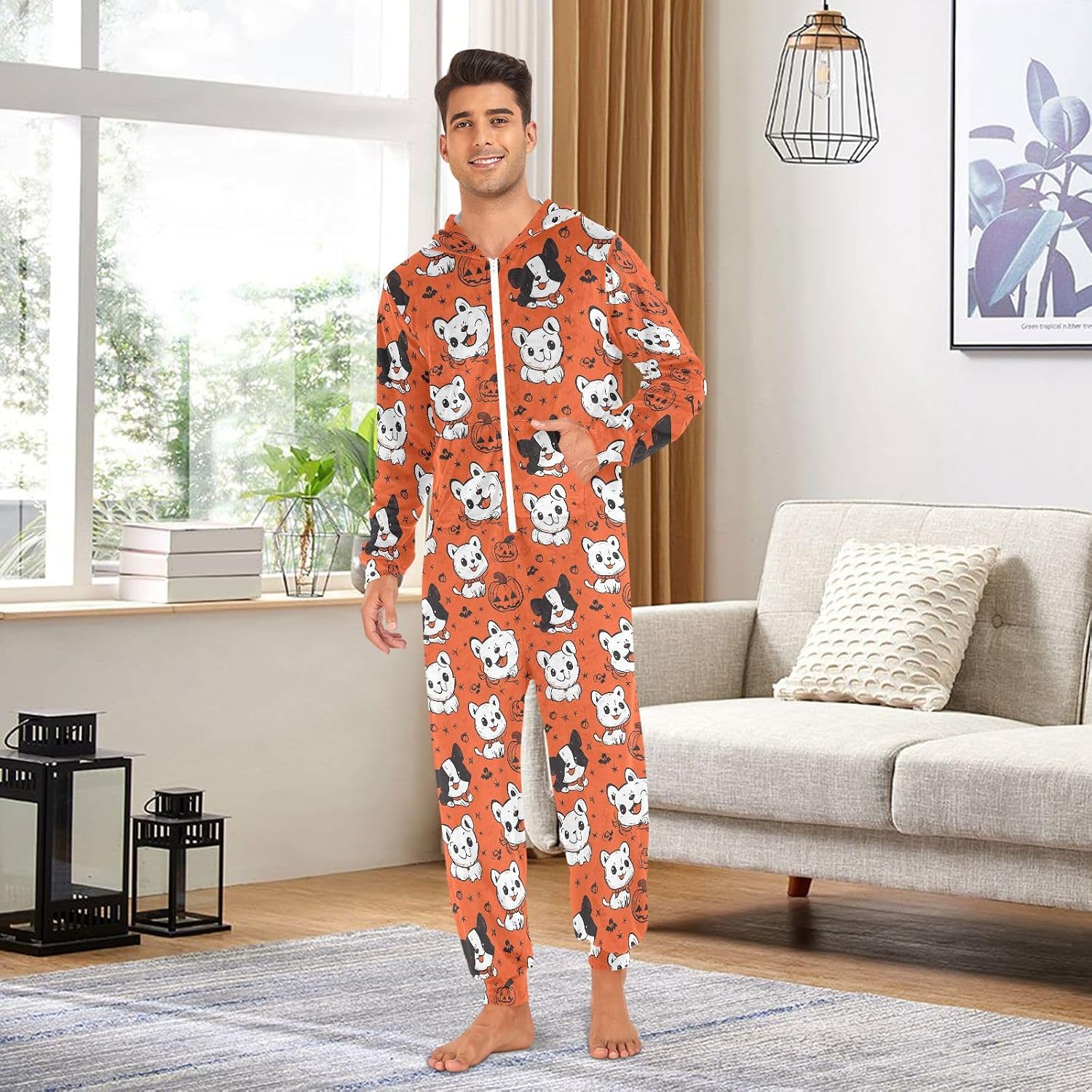 Pumpkin Dogs Halloween Orange Zipper Hooded Adult Jumpsuit Pajamas with Pockets XS-3XL