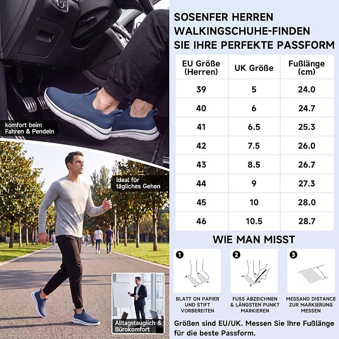 Sosenfer Slip on Trainers Men's Breathable Shoes Without Laces Trainers Comfortable Casual Sports Shoes Lightweight Gym Walking Shoes for Men