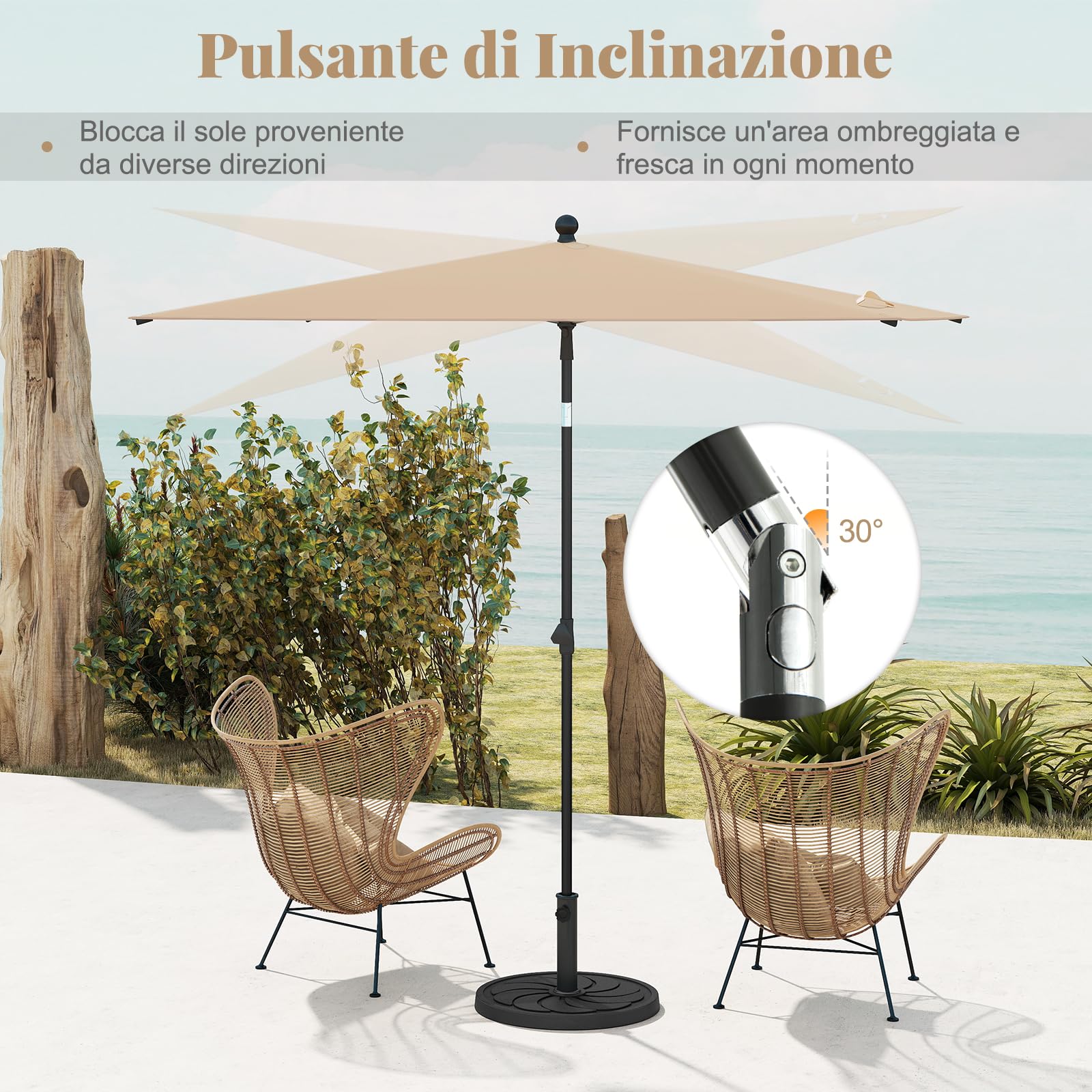 COSTWAY Ombrellone da Balcone 213 x 140 cm, Inclinazione Regolabile, Anti-UV, con Borsa da Trasporto, per Giardino, Terrazzo, Spiaggia (Beige)