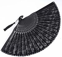 Vista 5 de choyaxo Lace Handheld Chinese Folding Fan Bamboo Silk Folding Fan for Women Wedding Decoration Dancing Party, Black Negro