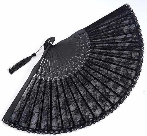 Miniatura 5 de choyaxo Lace Handheld Chinese Folding Fan Bamboo Silk Folding Fan for Women Wedding Decoration Dancing Party, Black Negro