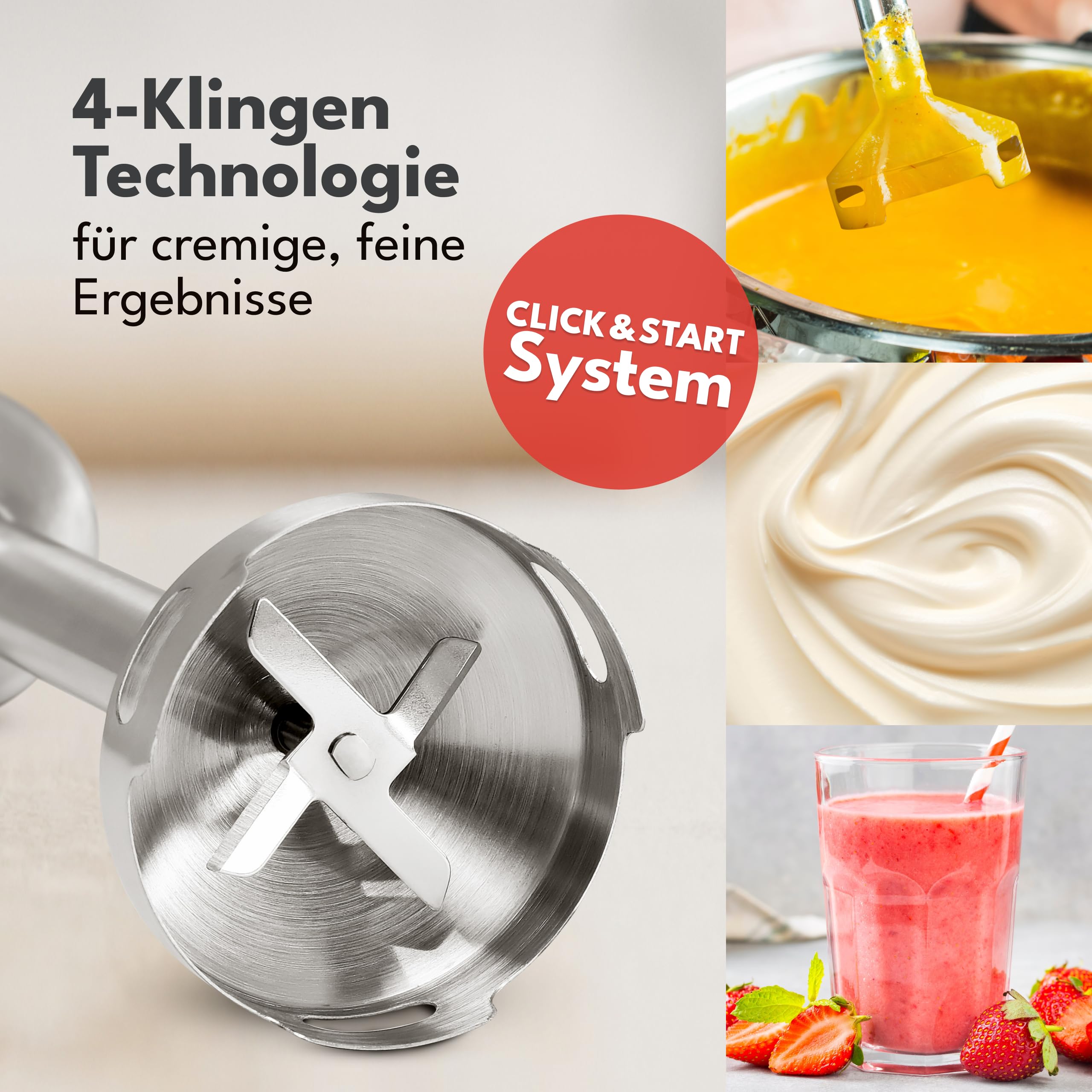 LEBENLANG 1500W Stabmixer Edelstahl - Inkl. 800ml Messbecher & Spritzschutz I Stufenlos verstellbar & Turbo I Pürierstab Zauberstab Mixer Mixstab Elektrische Hand Blender Purierstabmixer Pürierstäbe