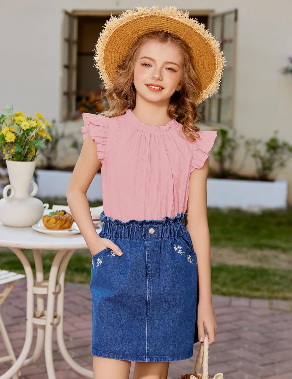 Arshiner Girls Ruffle Short Sleeve Shirts Cute Summer Frill Neck Pleated Textured Blouse Tops - Image 2