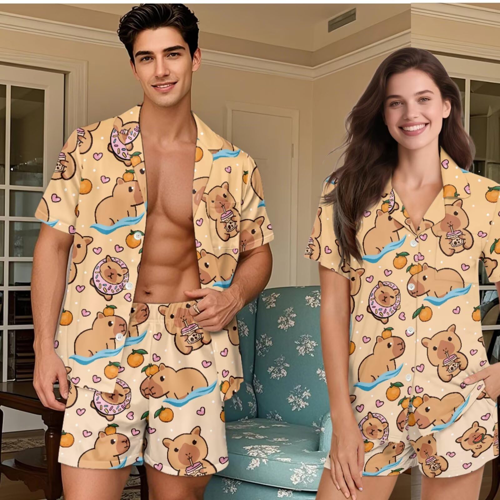 Conjunto de pijama a juego para parejas, de manga corta, con botones, para hombres y mujeres
