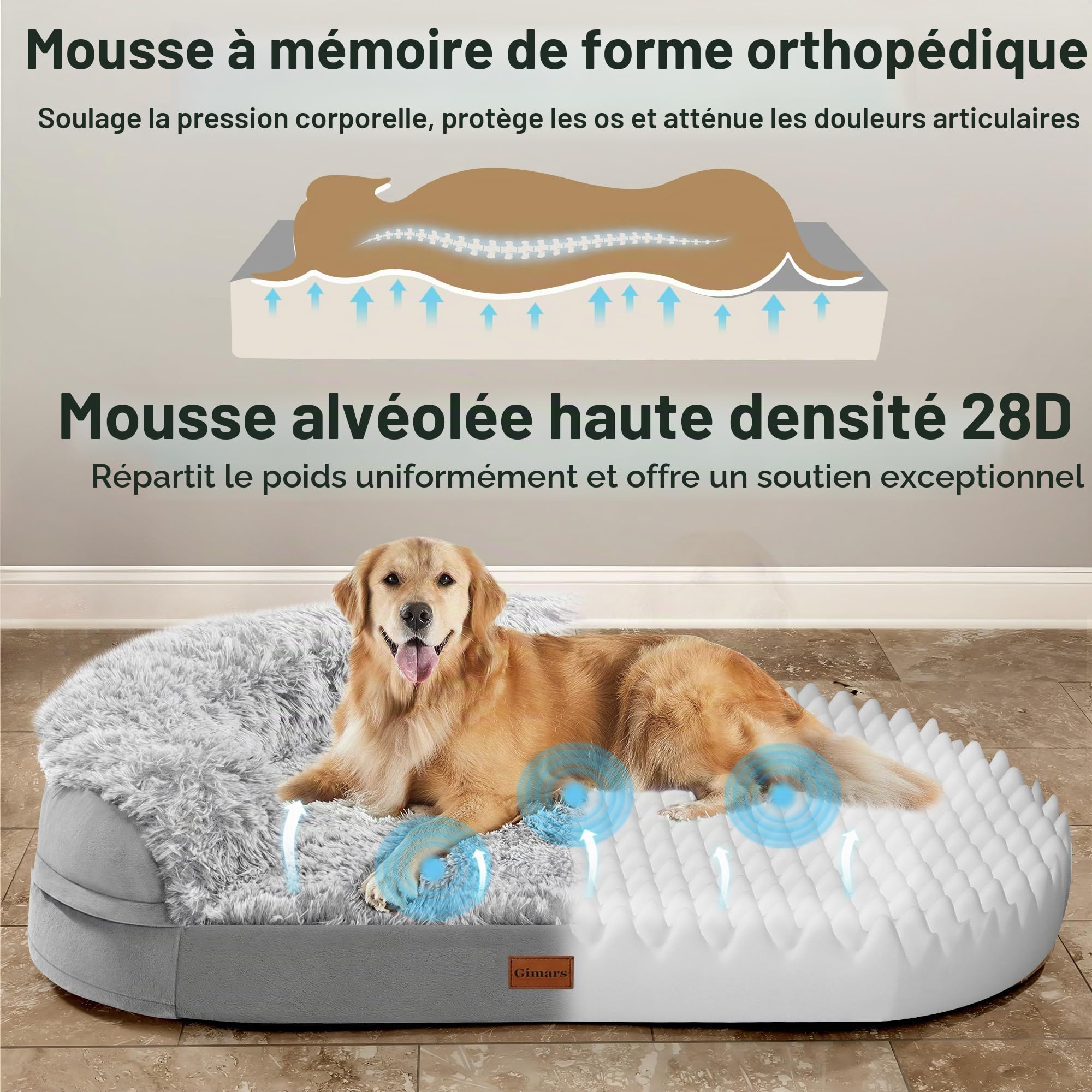 Gimars 9,5 cm Épais XL Lit Orthopédique pour Chiens de Très Grande et Seniors, Lit de Soutien avec Mousse Alvéolée 28D, Housse en Peluche Amovible et Lavable, Doublure Imperméable, Semi-Circulaire