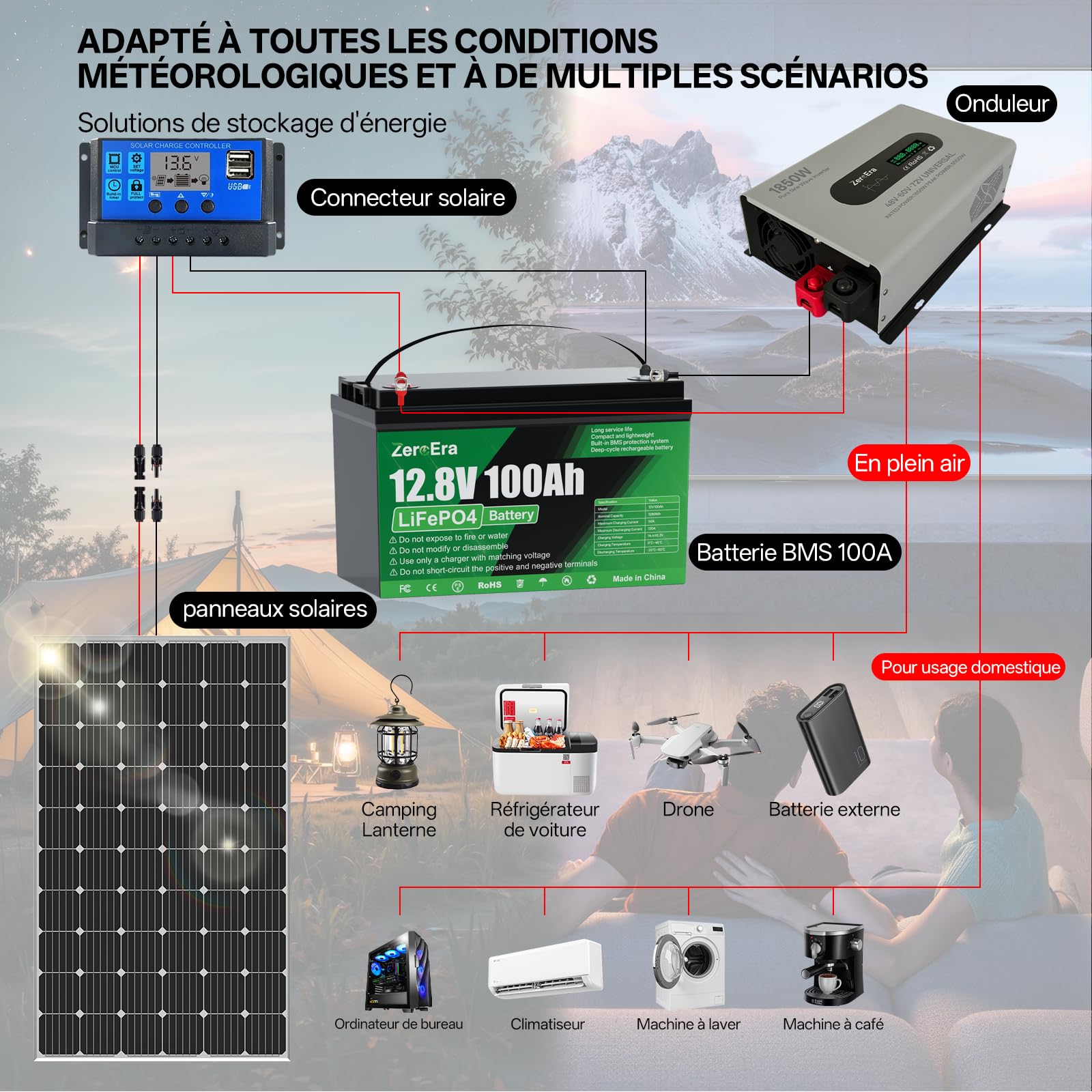Batterie Lithium LiFePO4 12V 100Ah 1280Wh,BMS 100A Intégré, Protection Basse Température,Cycle Profond Longue Durée de Vie,Prend en Charge Montage Série et Parallèle,pour Panneau Solaire,1 * 12V 100AH