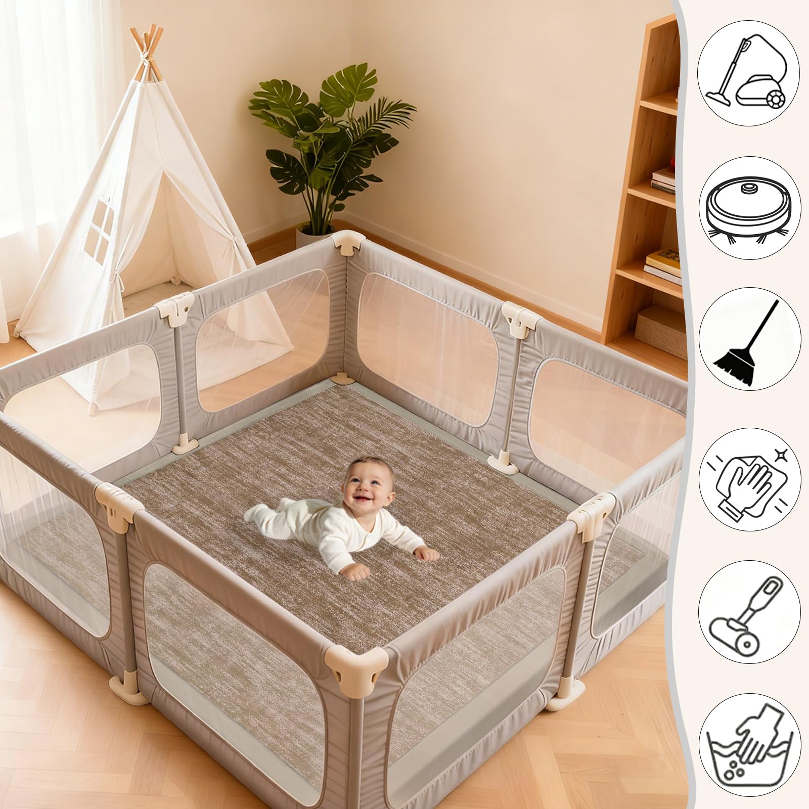 2 CM Tapis d’Éveil et Matelas pour Parc Bébé, Tapis de Jeu en Mousse pour Bébé, Tapis d'éveil Bébé Extra Doux Tapis Enfant pour Jouer et Marcher en Sécurité Marron 80 x 120cm
