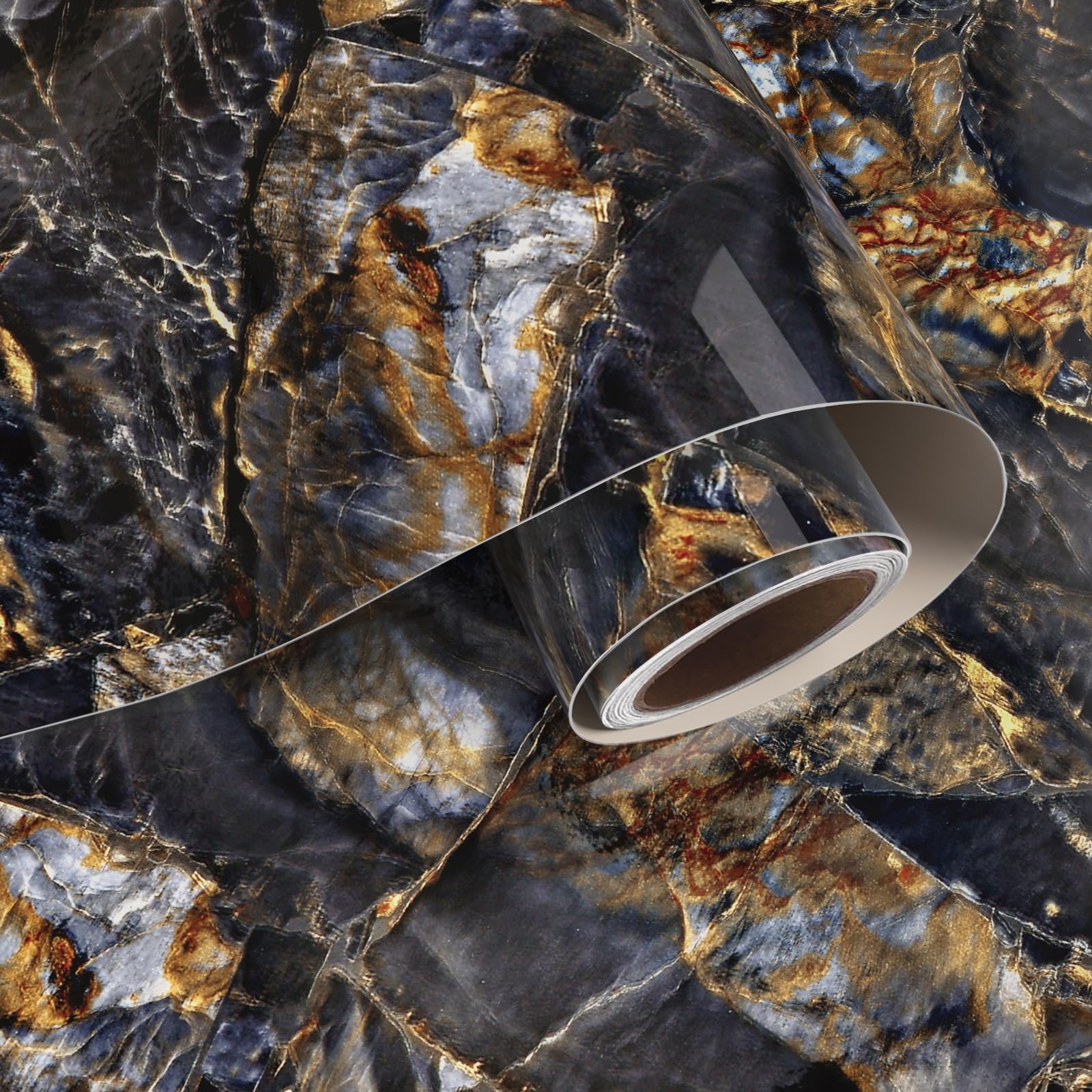 VaryPaper Glossy Blue Gold Marble Wallpaper Self Adhesive Kitchen Worktop Covering 40cmx200cm Sticky Back Plastic Black Marble Vinyl Wrap for Cupboards Tables Living Room Bathroom Wallpaper Waterproof