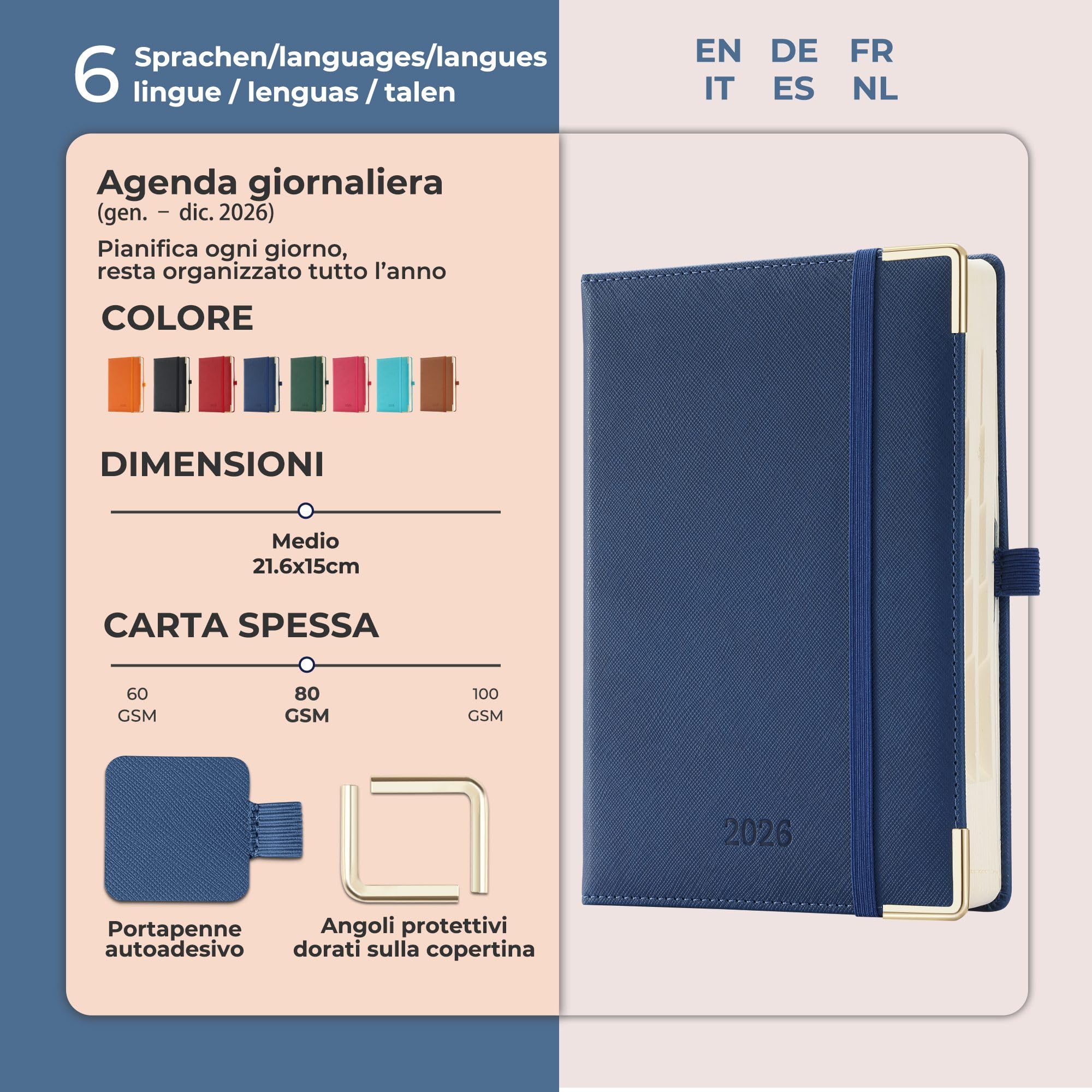 Agenda 2026 A5: Diario, Pianificatore quotidiano 1 pagina/giorno, Carta 80 g/m² 21,5x15 cm, con portapenne & tasca interna, pelle vegana Blu marino