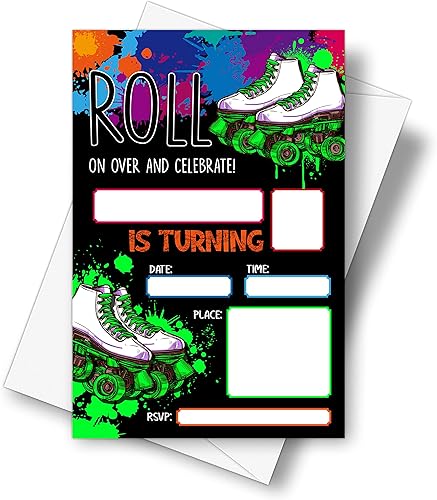 DETIHO Tarjetas de invitación de fiesta de cumpleaños con sobres de 4 x 6 pulgadas para patinar sobre ruedas para celebrar y enrollar - Invitación
