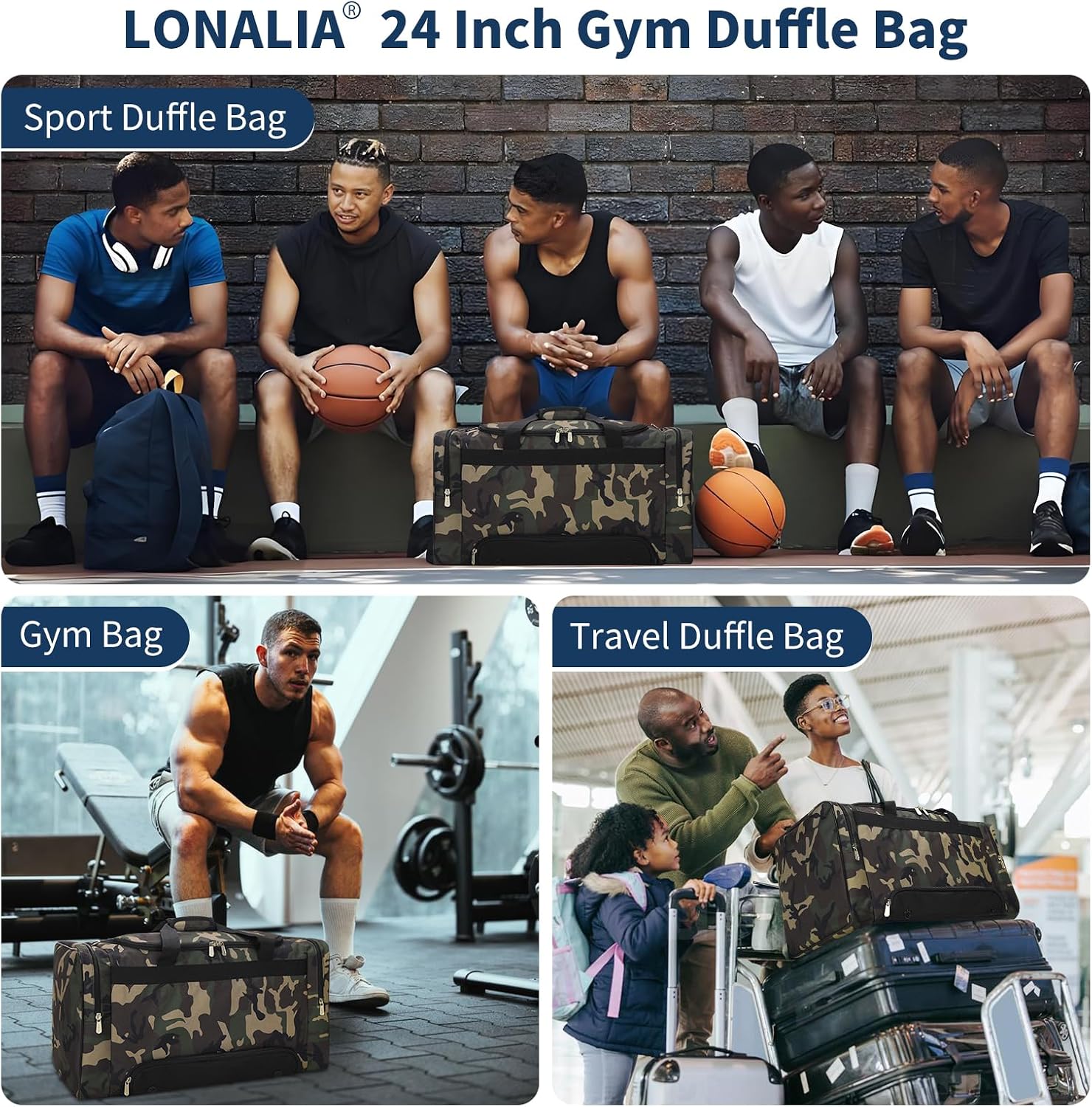 24 inch Gym Duffle Bag with Shoe Compartment - 55L Mens Gym Bag for Sport Travel Workout-Camo