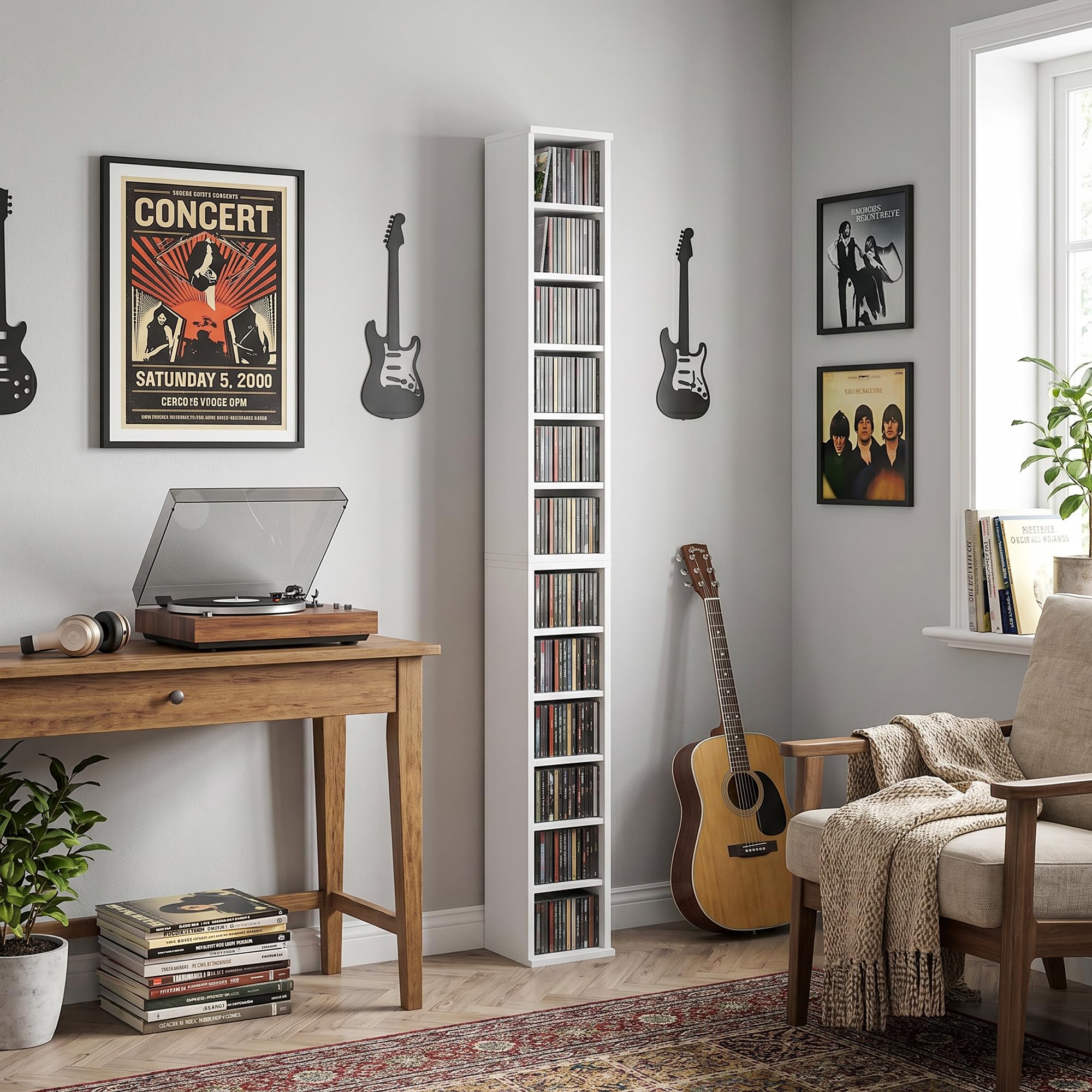 HOMCOM CD-, DVD- und Blu-ray-Regal 2er Set Stapelbar 21x22,5x88,5 cm Weiß | CD-Regal, Standregal mit 5 Verstellbaren Einlegeböden, Medienregal, Dekoregal Aufbewahrung